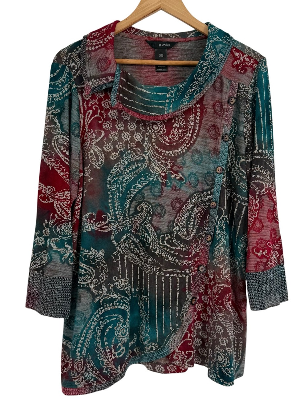 Ali Miles tunic sweater top size L cowl neck women paisley drape front buttons